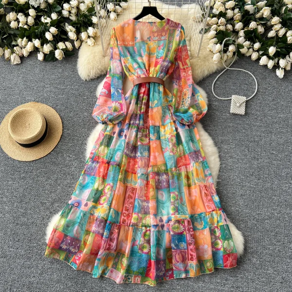 LE2633 Style Chiffon Printed Dresses Ethnic V-Neck Long Sleeve Belted Evening Dresses Maxi Party Robe 2025 - Image 2