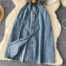 LE2646 Ladies Boutique Dresseses Women Direct Square Collar Short Sleeve Denim Splicing Denim Midi Dress Lady
