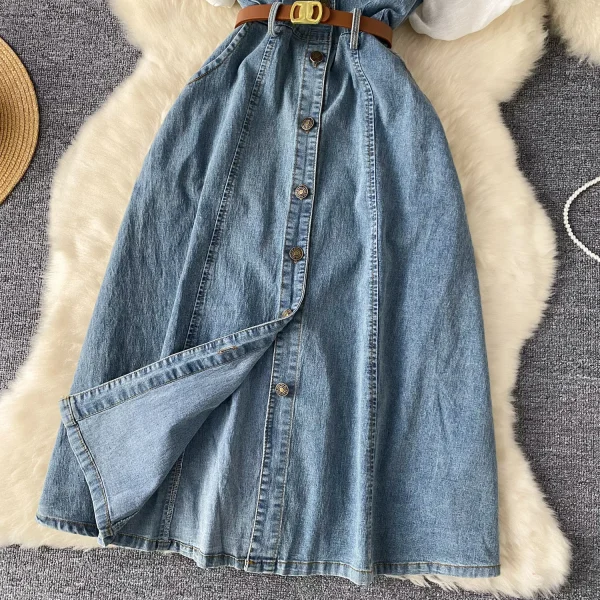 LE2646 Ladies Boutique Dresseses Women Direct Square Collar Short Sleeve Denim Splicing Denim Midi Dress Lady - Image 6