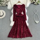 LE2658 Socialite Midi Evening Dresses for Woman Autumn Long Sleeve V-Neck A-Line Sequin Velvet Dresses Elegant Party Long Dress