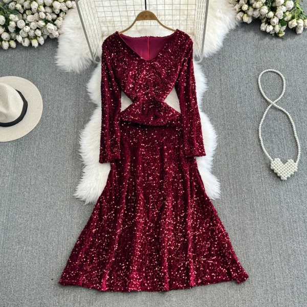 LE2658 Socialite Midi Evening Dresses for Woman Autumn Long Sleeve V-Neck A-Line Sequin Velvet Dresses Elegant Party Long Dress - Image 5