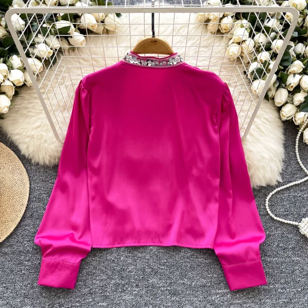 LW0823 Light Style Sequin Stand Collar Long Sleeve Satin Shirt Slimming Top For Women Blouses Elegant Women Ladies - Image 6