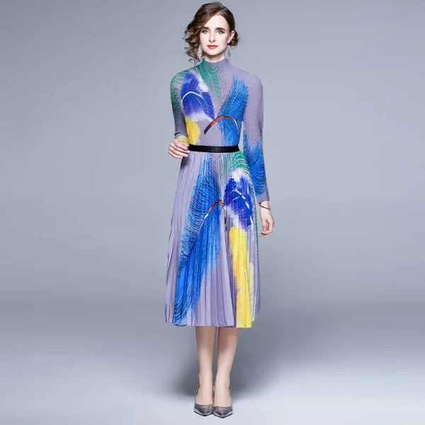 Elegant Women Print Pleat Outfit Long Sleeves Top Midi Skirt Casual Two Piece Set - Image 3