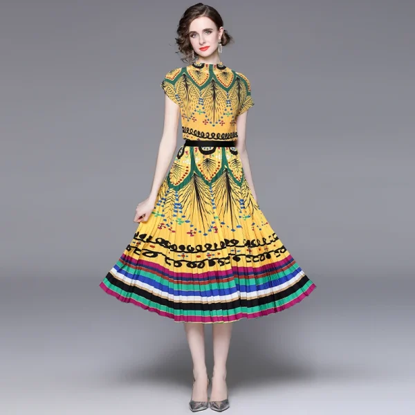 LE1357 Original Design 2025 Dressy Print Miyake Ruffle Elegant Fashion 2 Piece Set High Stretch Loose Top Pleated Skirt Set
