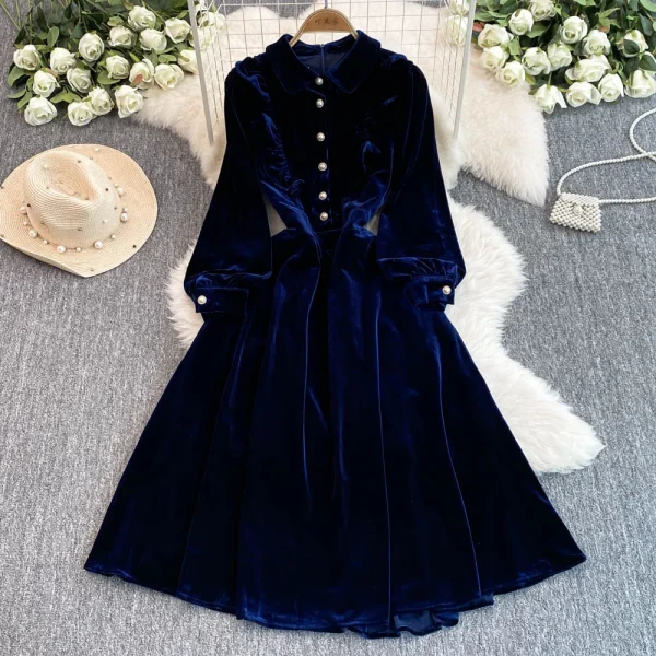 LE2660 2025 Winter Socialite Midi Evening Dresses for Woman Autumn High-End Dinner Dress Pearl Button Velvet Long Dress Female - Image 3