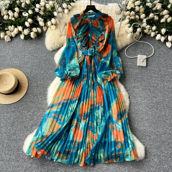 LE2639 Oil Print Midi Dress Lady French Vintage Elegant Dress Women'S Plicated Splicing Long Sleeve Waist Print Chiffon Dresses
