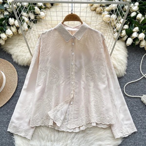 LW0655 Vintage Style Embroidery Shirt Women'S Loose Casual Long-Sleeved Blouse Shirts for Women Tops - Image 2