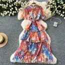 LE2637 Retro Metal Buckle Pleated Midi Dresses Woman Flared Short Sleeve Smudged Print Dress Autumn New Holiday Party Cake Dress