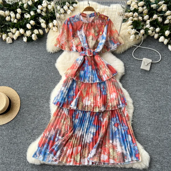 LE2637 Retro Metal Buckle Pleated Midi Dresses Woman Flared Short Sleeve Smudged Print Dress Autumn New Holiday Party Cake Dress - Image 2