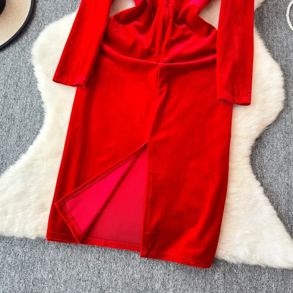 LE2662 Autumn Beading Evening Dresses Woman Femininity Chic Long Sleeve V-Neck Slit Bag Hip Canary Long Dress Female Winter 2025 - Image 5