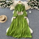LE4777 High-End Niche Dress Women'S Autumn Heavy Industry Sequin Splicing V-Neck Lantern Sleeve Waist Fringe Pleated Skirt