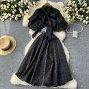 LE2625 Women's Luxury European Polka Dot Mesh Dresses Puffed Sleeves Sailor Collar Maxi Dress Sweet Clothes Socialite