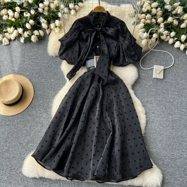 LE2625 Women's Luxury European Polka Dot Mesh Dresses Puffed Sleeves Sailor Collar Maxi Dress Sweet Clothes Socialite - Image 4