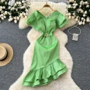 LE4772 Superior V-Neck Lotus Ladies Dress Sleeve Waist Slimming Irregular Design Sense of Banquet Dress