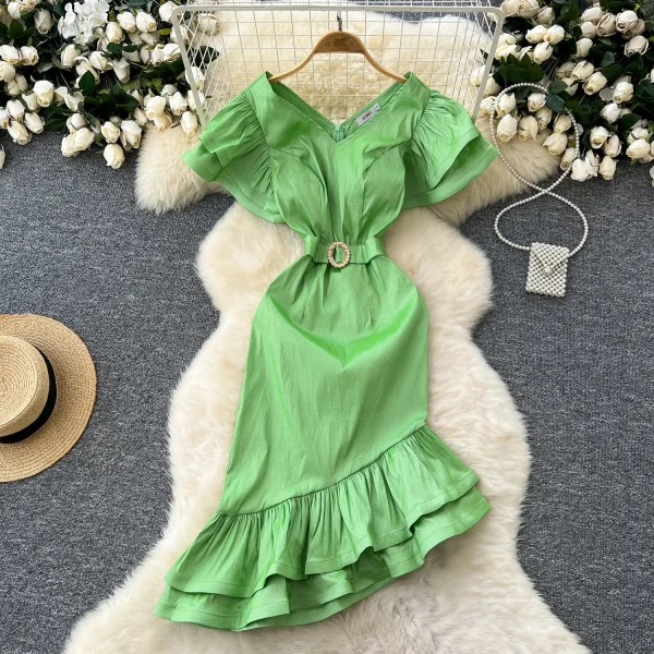 LE4772 Superior V-Neck Lotus Ladies Dress Sleeve Waist Slimming Irregular Design Sense of Banquet Dress