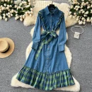 LE2645 Ladies Boutique Dresses Women Splicing Plaid Clash of Colours Straps Waisted Single-Breasted Denim Midi Dress Lady