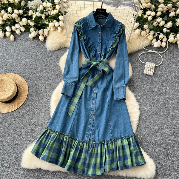 LE2645 Ladies Boutique Dresses Women Splicing Plaid Clash of Colours Straps Waisted Single-Breasted Denim Midi Dress Lady
