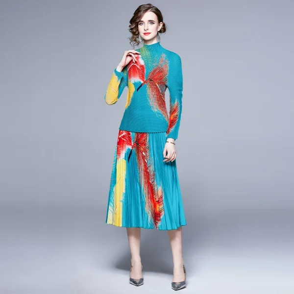 Elegant Women Print Pleat Outfit Long Sleeves Top Midi Skirt Casual Two Piece Set - Image 2