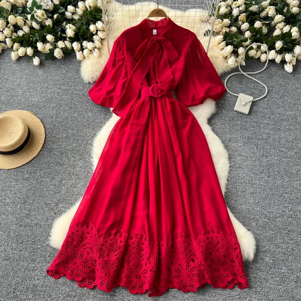 LE2627 French Vintage Maxi Evening Dresses Woman Elegant Lace-Up Ruffled Short Sleeve A-Line Long Dress Lady 2025 New