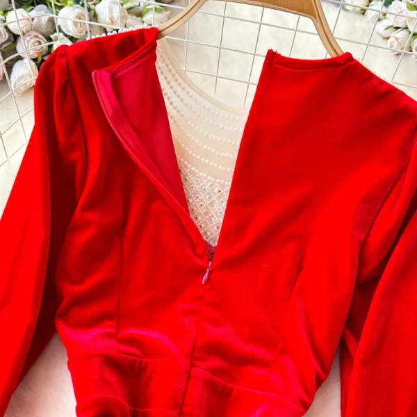 LE2662 Autumn Beading Evening Dresses Woman Femininity Chic Long Sleeve V-Neck Slit Bag Hip Canary Long Dress Female Winter 2025 - Image 6
