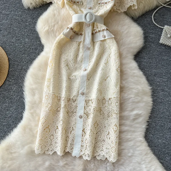 LE2623 Autumn Heavy Industry Nail Beaded Diamond Square Neck Lace Dresses Women Hollow Hook Flower Embroidery Midi Dress 2025 - Image 4