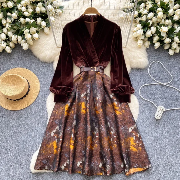 LE2648 Ladies Boutique Dresseses Women Direct Dress Female Autumn Winter Velvet V-Neck Long Dresses Women