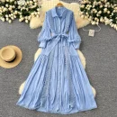 LE4780 Elegant Dress Female Fall Ladies Ladies Dress Niche High-Grade Lace Patchwork Single Breasted Waist Over Knee Dress