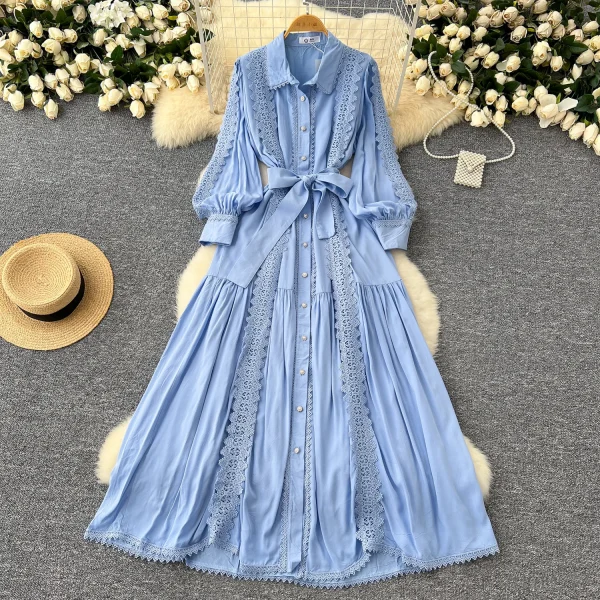 LE4780 Elegant Dress Female Fall Ladies Ladies Dress Niche High-Grade Lace Patchwork Single Breasted Waist Over Knee Dress