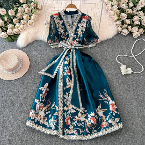 LE2607 2025 Vintage Maxi Printed Dress Ethnic Deep V-Neck Flowers Dresses Woman Socialite Holiday Party Evening Dress Lady - Image 2