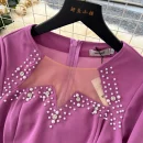 LE4773 Women'S Elegant Dress Diamond Studded Nail Bead Mesh Patchwork Receiving Waist Long Pleated Dress Skirt