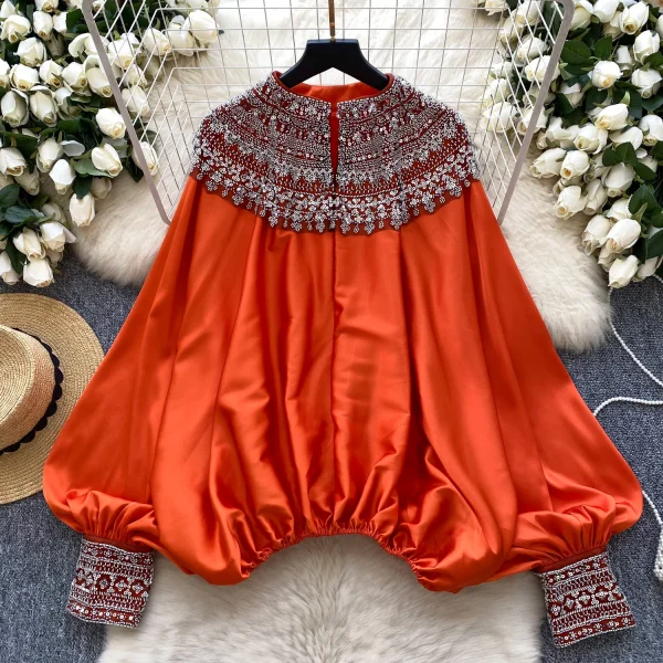 LW0826 Blouse Woman High-End Foreign Style Heavy Industry Nailed Bead Glitter Loose Slimming Satin Top Woman Blouses For Lady