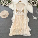 LE2606 Autumn Korean Lace Pleated Dresses Woman Temperament Long Sleeve Square Collar Pockets Embroidery Pleated Socialite Dress