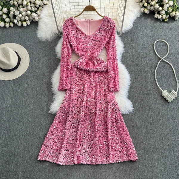 LE2658 Socialite Midi Evening Dresses for Woman Autumn Long Sleeve V-Neck A-Line Sequin Velvet Dresses Elegant Party Long Dress - Image 3