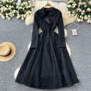 LE2766 Niche Women'S Dress 2025 Autumn Printed Dress Senior Sensor-Mesh Patchwork Print Suit Collar Waist Long Skirt