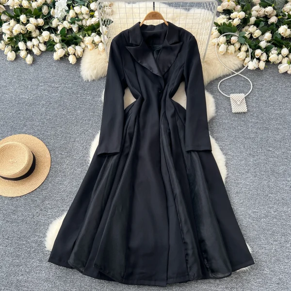 LE2766 Niche Women'S Dress 2025 Autumn Printed Dress Senior Sensor-Mesh Patchwork Print Suit Collar Waist Long Skirt - Image 3