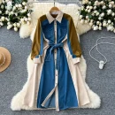 LE2667 Denim Patchwork Women'S Dress Niche Vintage Color Combination Long-Sleeved Single-Breasted Strap Shirt Office Woman Dress