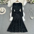 LE2658 Socialite Midi Evening Dresses for Woman Autumn Long Sleeve V-Neck A-Line Sequin Velvet Dresses Elegant Party Long Dress