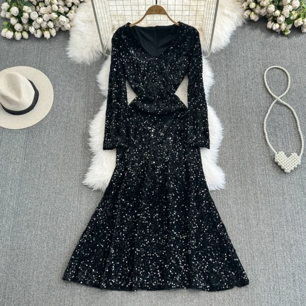 LE2658 Socialite Midi Evening Dresses for Woman Autumn Long Sleeve V-Neck A-Line Sequin Velvet Dresses Elegant Party Long Dress - Image 6