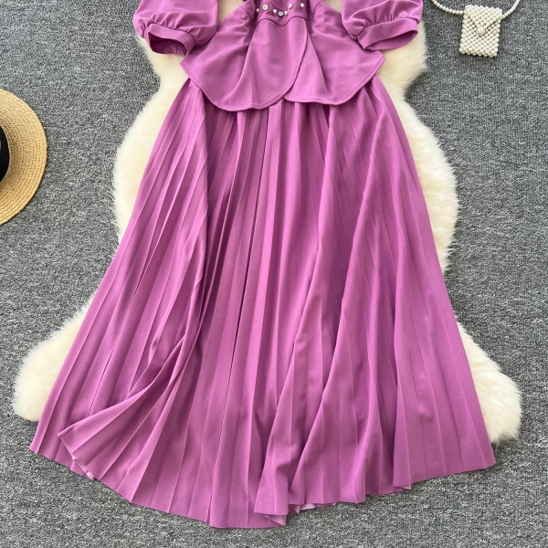 LE4773 Women'S Elegant Dress Diamond Studded Nail Bead Mesh Patchwork Receiving Waist Long Pleated Dress Skirt - Image 3