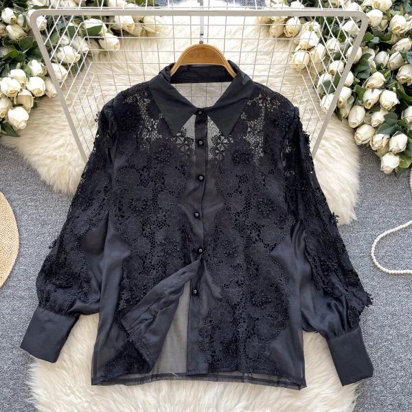 LW0746 Light Wind Minority Long-Sleeved Shirt Women'S Hollow Embroidery Lapel Slimming Women'S Blouses Elegant Women - Image 3