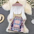 LE1703 Fashion Boutique Set Temperament Printing Loose Long-Sleeved Shirt + High Waist Half-Body Skirt Skirt Two-Piece Set