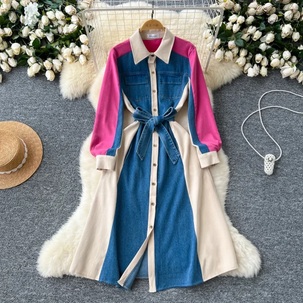LE2667 Denim Patchwork Women'S Dress Niche Vintage Color Combination Long-Sleeved Single-Breasted Strap Shirt Office Woman Dress