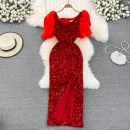 LE2659 Socialite Maxi Evening Dresses for Woman 2025 Autumn Bubble Short Sleeve Sequin Hip Wrap Dresses Elegant Party Long Dress