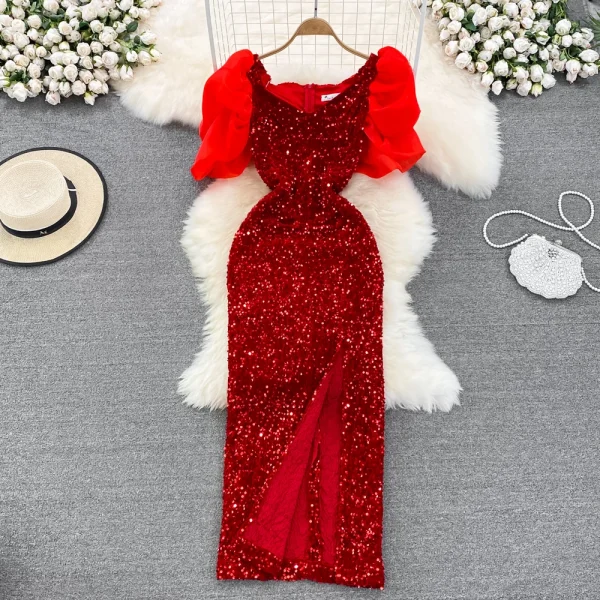LE2659 Socialite Maxi Evening Dresses for Woman 2025 Autumn Bubble Short Sleeve Sequin Hip Wrap Dresses Elegant Party Long Dress