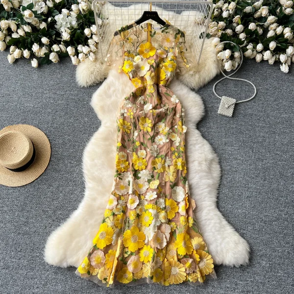 LE2621 Vintage Three-Dimensional Flower Decoration Maxi Lace Dresses Elegant Women'S Boutique Embroidery Long Fishtail Dress - Image 4