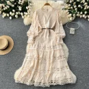 LE2618 2025 Autumn Lace Dresses Women Elegant Vintage Long Sleeve O-Neck Waist Slim A-Line Hollow Lace Women'S Dress