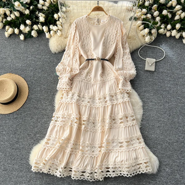 LE2618 2025 Autumn Lace Dresses Women Elegant Vintage Long Sleeve O-Neck Waist Slim A-Line Hollow Lace Women'S Dress - Image 4