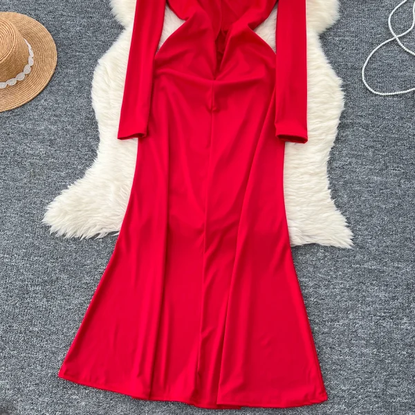 LE4769 Sexy Deep V-Neck Long Sleeve Dress Women'S Dinner Dress Heavy Heavy Diamond Flower Waist Slimming Skirt - Image 4