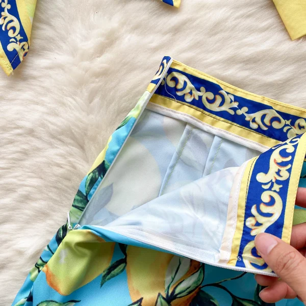 2 Piece Outfits Sets Fashion Print Set Female New Waist Tie Lemon Print Long-Sleeved Shirt High Waist Thin Shorts Two-Piece - Image 3