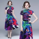LE1246 in Stock Boutique Womens 2 Piece Sets High Quality Fabric Short-Sleeved Top Miyake Pleated Printed Long Pleated Skirt
